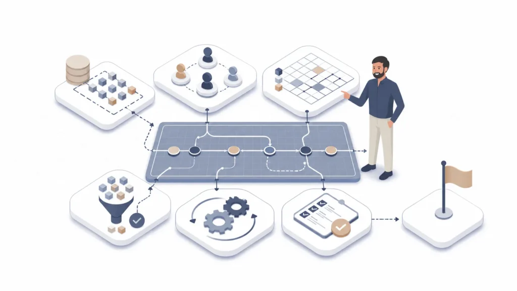 Isometrische Illustration eines Datenmigrationskonzepts, das Scope, Rollen, Mapping, Datenqualität, Tests und Cutover verbindet