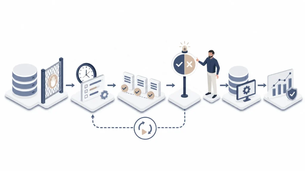 Isometrische Illustration mit Datenstopp, Zeitplan, Entscheidungspunkt, Go-live und Rückschleife für den Probelauf