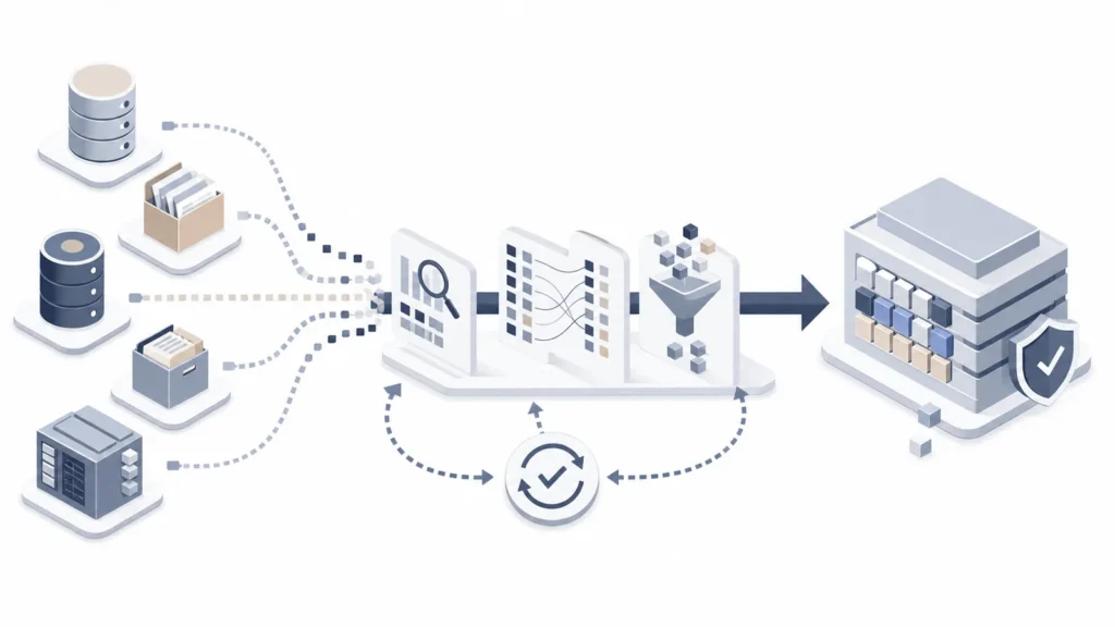 Isometrische Illustration mit mehreren Quellsystemen, Mapping, Bereinigung und wiederholten Tests vor dem ERP-Zielsystem