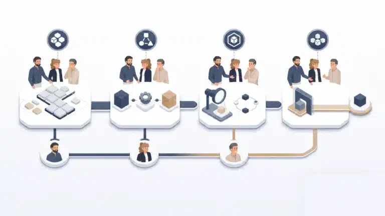 Illustration mit vier verbundenen Stationen für Datenumfang, Mapping, Prüfung und Freigabe sowie den beteiligten Rollen