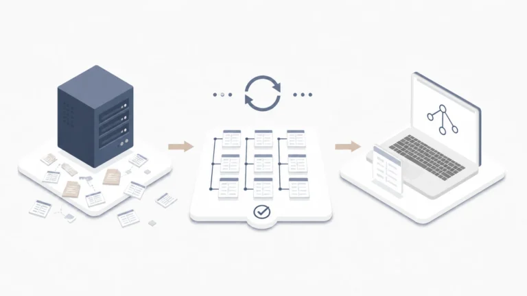 Strukturierter Datenweg vom alten ERP-System über verknüpfte Exportdateien zum neuen ERP-System