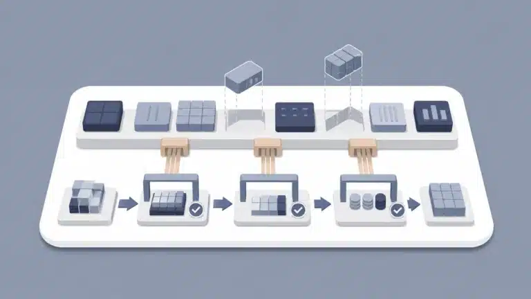 Vektorillustration mit parallelen Wegen für ERP-Konfiguration und beginnende Datenmigration