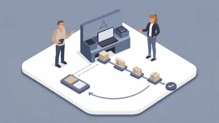 Loft-Vektorillustration mit Key-Usern, die ausgewählte eigene Daten in einem ERP-Testsystem prüfen