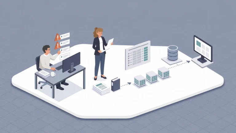 Loft-Vektorillustration mit IT und Key-User zwischen Tagesgeschäft und wartender ERP-Datenmigration
