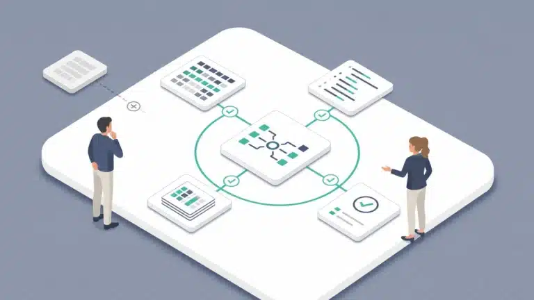 Isometrische Illustration verbindet Mapping, Skript, Migrationsdatei, Test und Freigabe einer ERP-Datenmigration