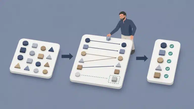 Isometrische Wertemapping-Illustration mit uneinheitlichen Quellcodes und eindeutig zugeordneten ERP-Zielwerten