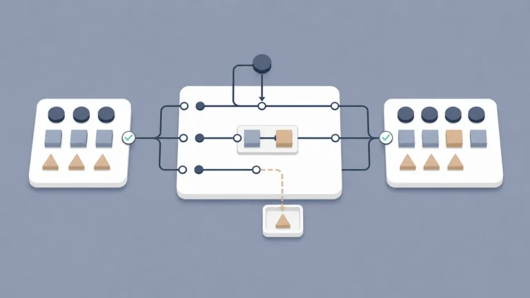 Isometrische Illustration eines geprüften ERP-Ausgangsstands mit neuen, geänderten und entfernten Datensätzen auf dem Weg zum Go-live