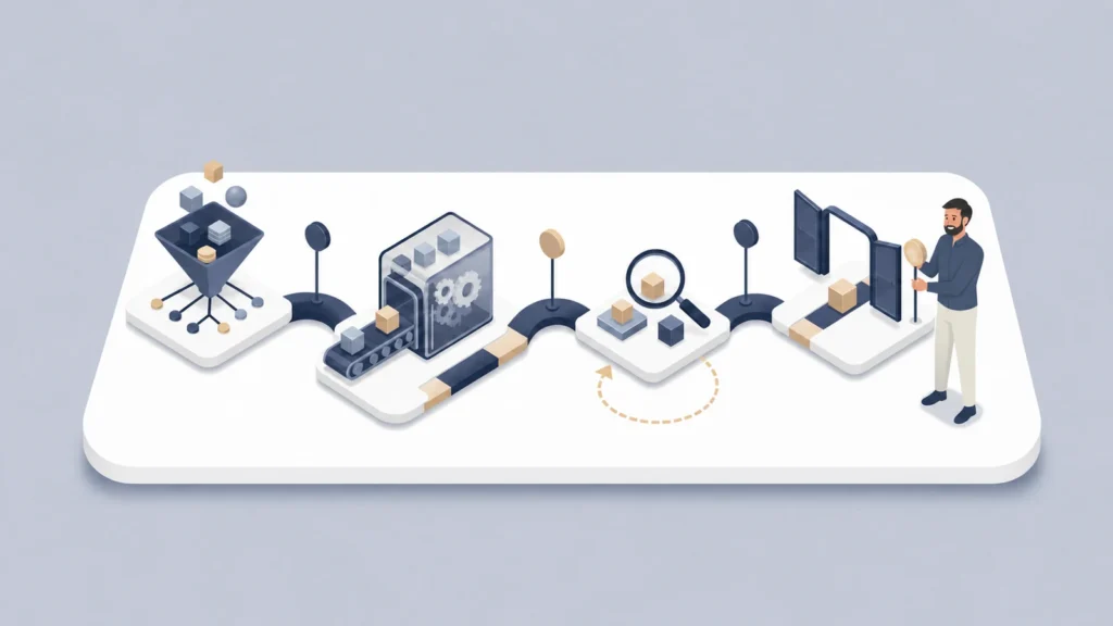 Isometrischer Zeitplan einer ERP-Datenmigration mit Datenobjekten, Prüfstationen und gemessenem Weg bis zum Go-live
