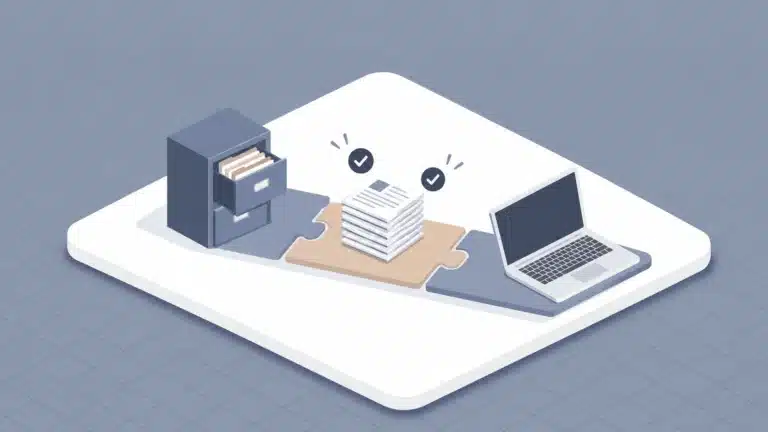 Illustration einer abgestimmten Datenübergabe: Aufbereitete Daten werden zwischen Altsystem und neuem ERP vollständig verbunden.
